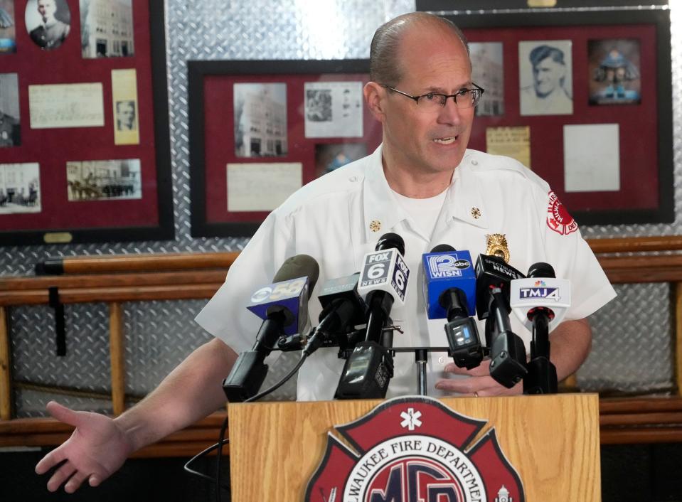 Milwaukee Fire Chief Aaron Lipski discusses the investigation into the January 15 death of of Jolene Waldref during a press conference at the Alonzo Robinson Milwaukee Fire Department Administration Building at 711 West Wells Street in Milwaukee on Tuesday, Jan. 30, 2024. Waldref was found dead near a busy city bus stop in subzero temperatures after 911 call-takers received a call from a person in medical distress.