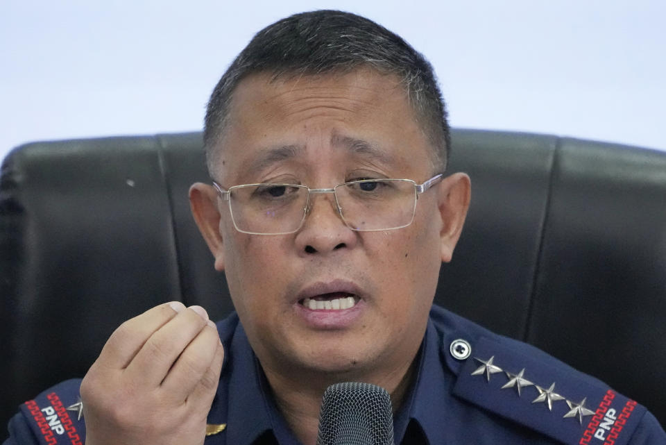 Philippine Police Chief, Police Gen. Rodolfo Azurin Jr., gestures during a news conference at Camp Crame police headquarters, Thursday, Jan. 5, 2023, in Metro Manila, Philippines. The Philippine national police chief said Thursday he has offered to resign to encourage nearly a thousand other top police officials to do the same to regain public trust after some enforcers were arrested due to illegal drugs and further tainted the police force's notorious image. (AP Photo/Aaron Favila)