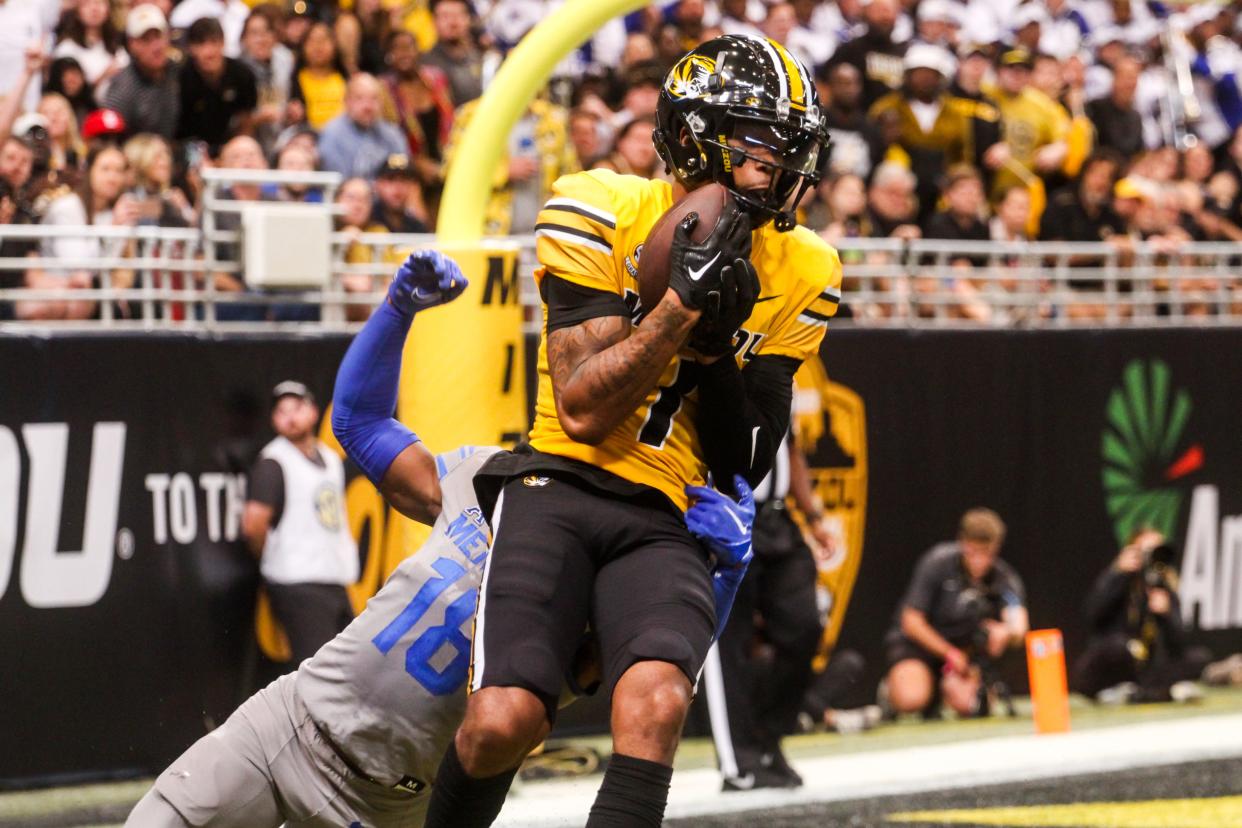 Missouri wide receiver Theo Wease catches a touchdown during MU's game against Memphis at the Dome at America's Center on Sept. 23, 2023, in St. Louis, Mo.