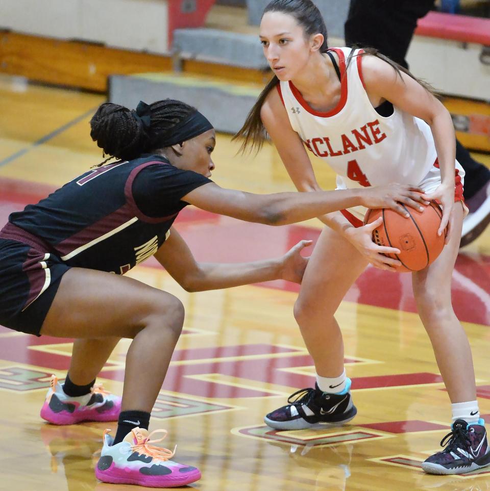 North East High School junior Gigi Gaston, left, applies defensive pressure near General McLane freshman Sam Dore' in Washington Township on Dec. 7, 2023.