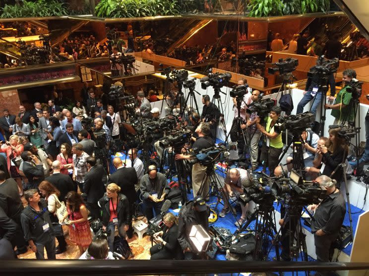 Members of the media get ready to cover Donald Trump’s announcement at Trump Tower in New York on June 16, 2015. (Photo: Michael Walsh/Yahoo News)