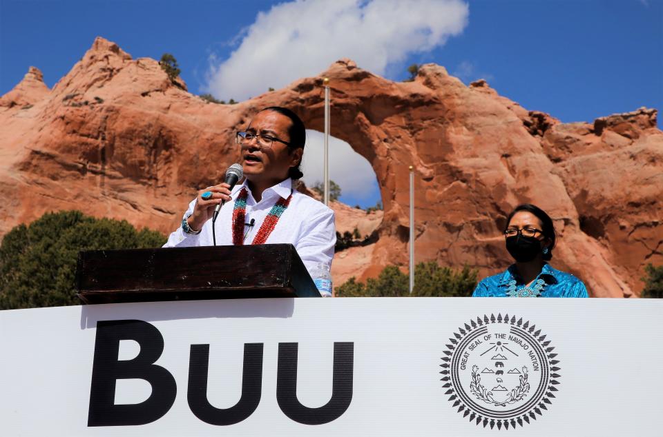 Buu Nygren, of Red Mesa, Arizona, talks about his candidacy for Navajo Nation president on April 4 in Window Rock, Arizona. He is joined by his wife, Jasmine Blackwater-Nygren.