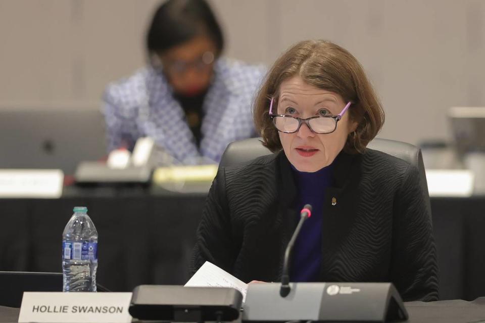 University of Kentucky Board of Trustees faculty trustee Hollie Swanson speaks to the board on Friday, February 23, 2024.