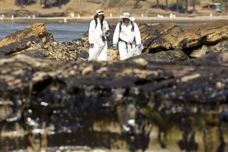 Crew members inspect the oil spill damage at Refugio State Beach in Goleta, California May 22, 2015. REUTERS/Jonathan Alcorn