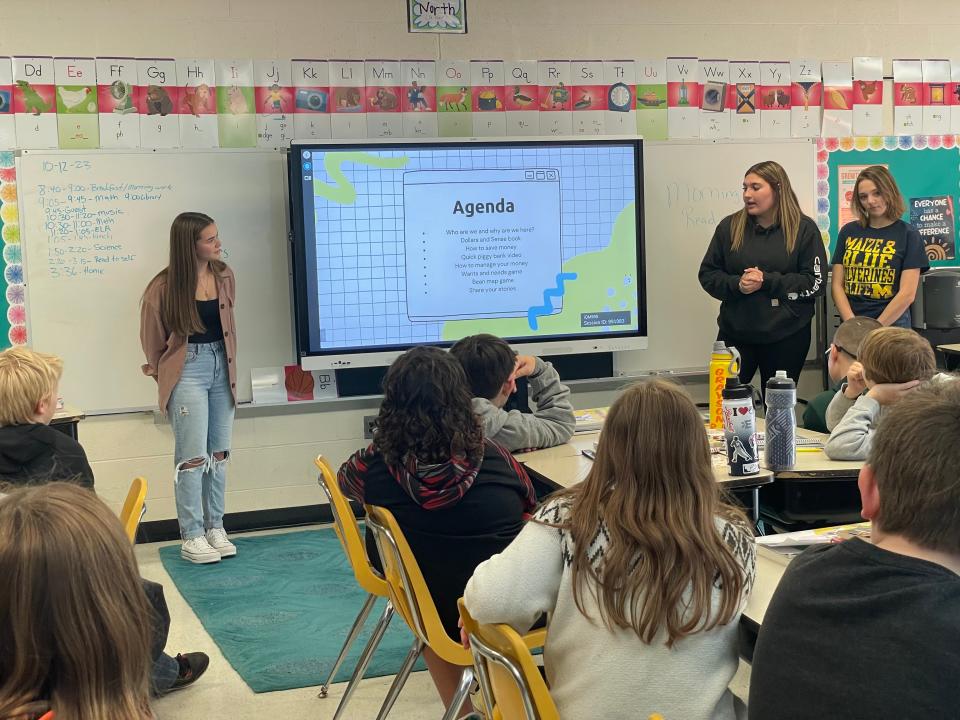 Marine City High School students gives a presentation to fifth graders at Belle River Elementary School on Oct. 12, 2023.