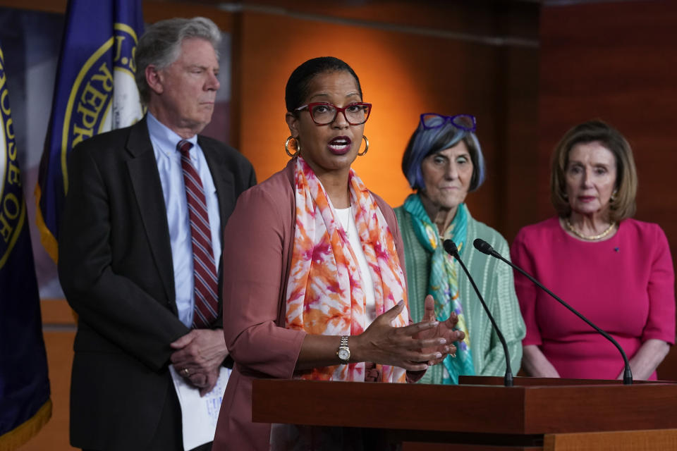 Rep. Jahana Hayes, D-Conn., chair of the House Subcommittee on Nutrition, joined from left by House Energy and Commerce Chairman Frank Pallone, D-N.J., Rep. Rosa DeLauro, D-Conn., the House Appropriations Committee chair, and Speaker of the House Nancy Pelosi, D-Calif., talks to reporters as House Democrats unveil a $28 million emergency spending bill to address the shortage of infant formula in the United States, at the Capitol in Washington, Tuesday, May 17, 2022. DeLauro, the chair of the House Appropriations Committee, says the bill would help the Food and Drug Administration take important steps to restore the formula supply in a safe and secure manner. (AP Photo/J. Scott Applewhite)