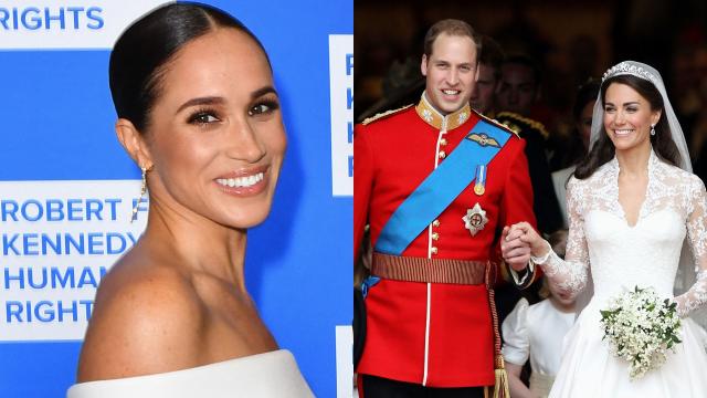 Meghan Markle's true thoughts on Prince William and Kate's wedding revealed. Seen here side-by-side with the Prince and Princess of Wales at separate occasions 