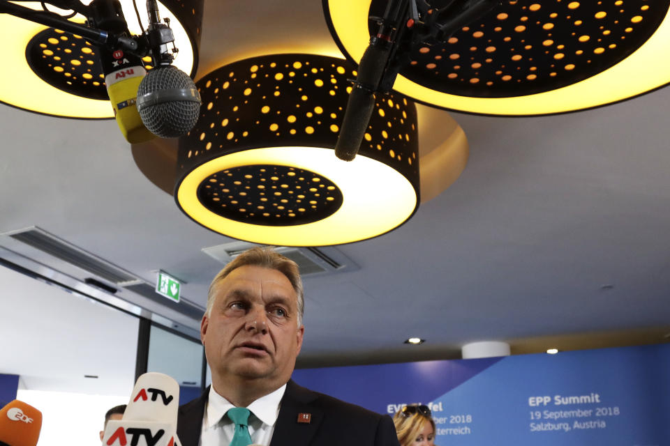 Hungarian Prime Minister Viktor Orban arrives at the informal EU summit in Salzburg, Austria, Wednesday, Sept. 19, 2018. (AP Photo/Matthias Schrader)