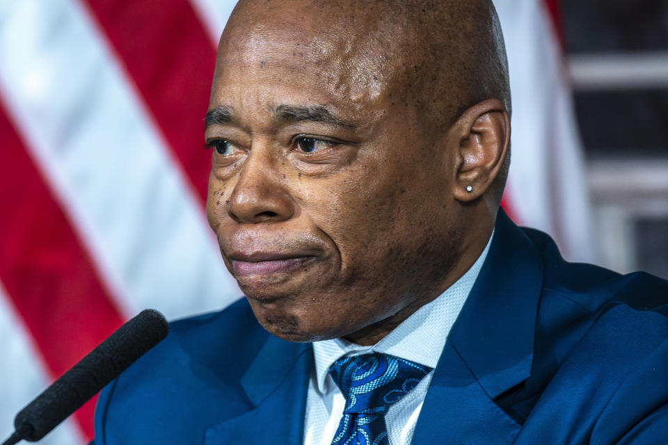 New York City Mayor Eric Adams gestures as he attends a news conference at City Hall in New York, Tuesday, March 19, 2024. (AP Photo/Eduardo Munoz Alvarez)