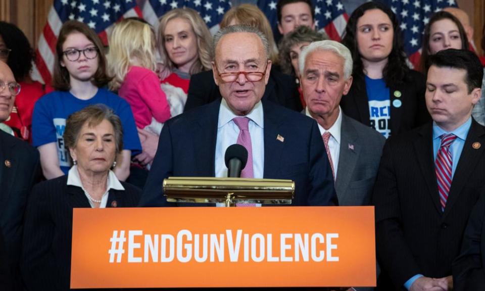 Senator Chuck Schumer takes part in an event urging the Senate to vote on background checks for gun purchases in February 2020. Schumer is now the majority leader in the Senate.