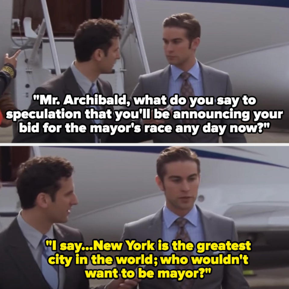 A reporter asks Nate if he's running for mayor, and Nate avoids the question by saying NY is the greatest city in the world and who wouldn't want to be mayor