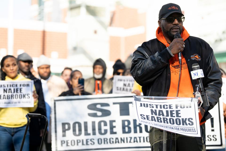 Teddie Martinez, then a hospital-based violence interventions coordinator for the Paterson Healing Collective, speaks during a press conference calling for justice for Najee Seabrooks and local and state accountability at 200 Federal Plaza in Paterson on Thursday, March 16, 2023. Seabrooks, a member of the violence intervention group the Paterson Healing Collective, was fatally shot by Paterson police after a standoff while he was barricaded inside an apartment.