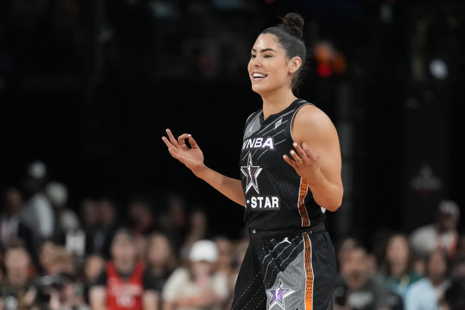 Las Vegas Aces&#39; Kelsey Plum celebrates after making a 3-point shot during the 2023 WNBA All-Star Game on July 15, 2023, in Las Vegas. (AP Photo/John Locher)