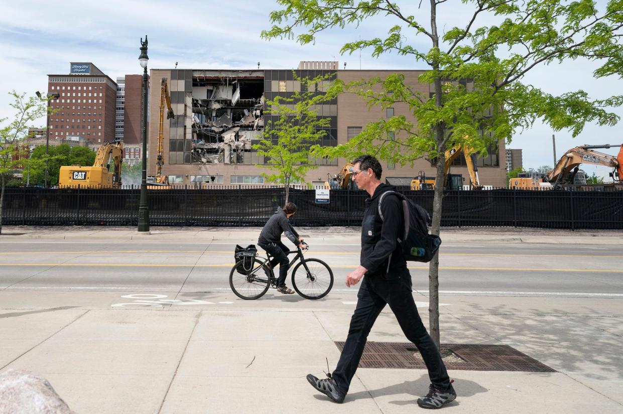 The former HAP building is being demolished for a $2.2 billion Henry Ford Hospital expansion on Monday, May 6, 2024.