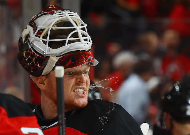 NEWARK, NJ - OCTOBER 18: Cory Schneider #35 of the New Jersey Devils takes a first period water break during the game against the Anaheim Ducks at the Prudential Center on October 18, 2016 in Newark, New Jersey. (Photo by Bruce Bennett/Getty Images)