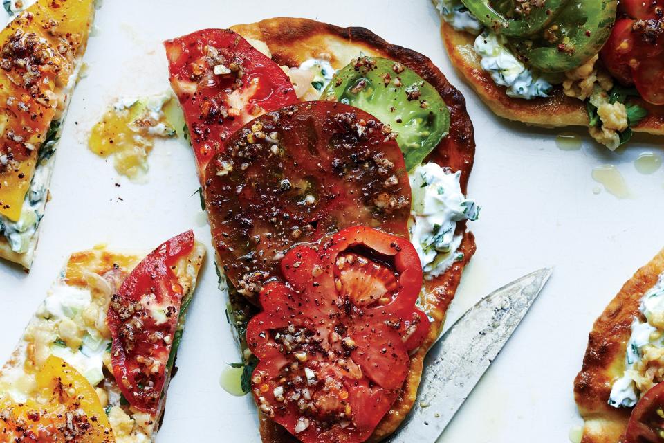 Falafel-Spiced Tomatoes and Chickpeas on Flatbread