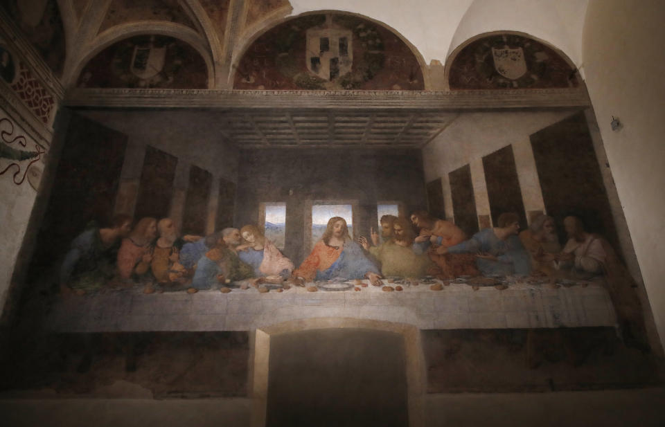 "La última cena" de Leonardo da Vinci en el convento Santa Maria delle Grazie, en Milán, Italia, el martes 9 de febrero de 2021. "La última cena" reabrió el martes al público tras un segundo cierre debido a la pandemia de COVID-19. (AP Foto/Antonio Calanni)