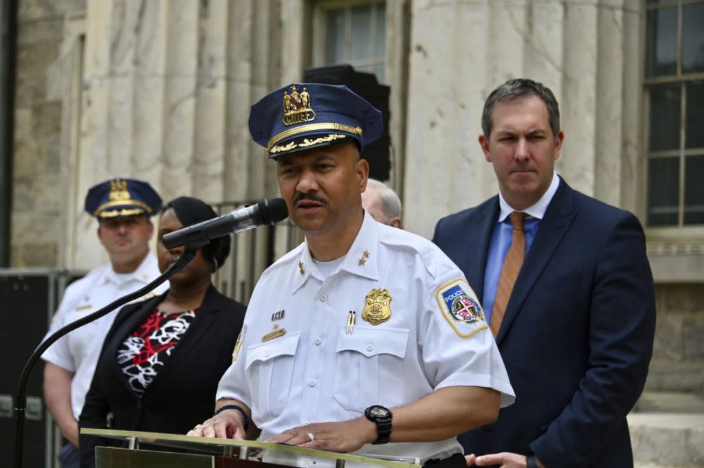 Baltimore County Police Chief Robert McCullough and other local officials speak at a news conference in Towson, Maryland, on Thursday April 25, 2024. (Kim Hairston/The Baltimore Sun via AP)