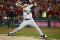 Houston Astros relief pitcher Will Harris throws against the Washington Nationals during the seventh inning of Game 3 of the baseball World Series Friday, Oct. 25, 2019, in Washington. (AP Photo/Patrick Semansky)