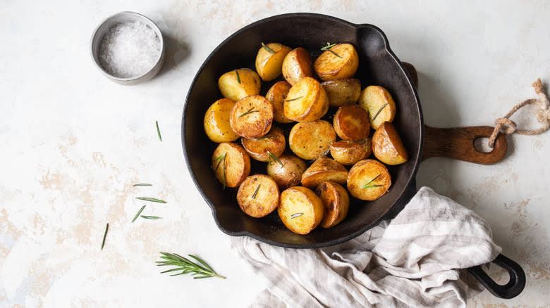 Potatoes roasted in a cast iron skillet