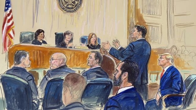 This artist sketch depicts former President Donald Trump, seated right, listening to his attorney D. John Sauer.
