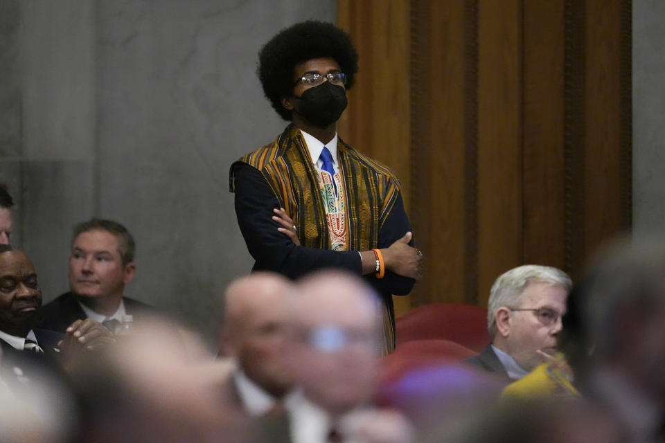 Rep. Justin J. Pearson, D-Memphis, stands as he listens to Gov. Bill Lee deliver his State of the State address in the House chamber Monday, Feb. 5, 2024, in Nashville, Tenn. (AP Photo/George Walker IV)