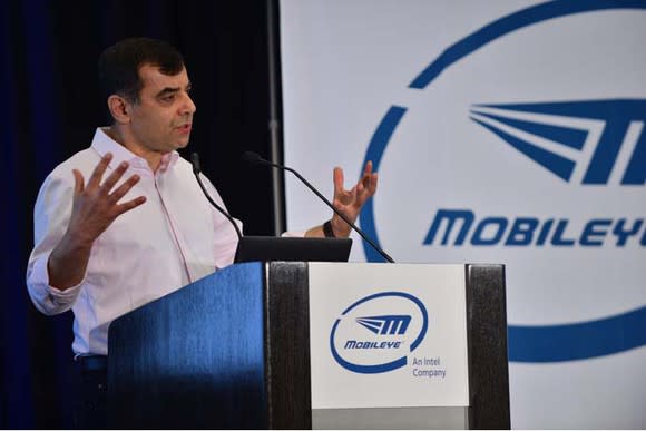 Professor Amnon Shashua, CEO of Mobileye, presenting at the Consumer Electronics show.