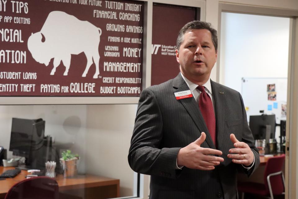 Eric Jenkins, President and CEO of Education Credit Union, announces a new branch to be built in Canyon Texas and the old branch converted to a WT student operated branch during a press conference at West Texas A&M Wednesday. 