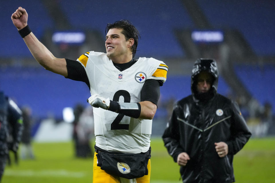 Pittsburgh Steelers quarterback Mason Rudolph jogs off the field following an NFL football game against the Baltimore Ravens, Saturday, Jan. 6, 2024 in Baltimore. The Steelers won 17-10. (AP Photo/Matt Rourke)