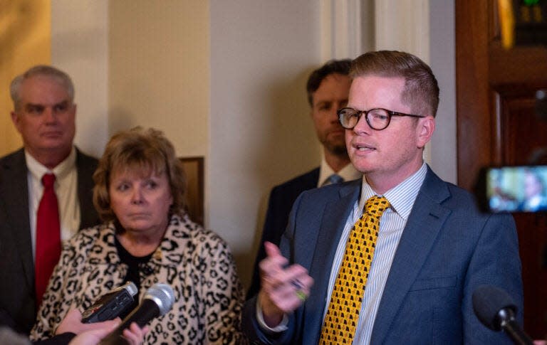 Missouri Senate President Pro Tem Caleb Rowden, R-Columbia, addresses reporters outside his office about the decision to remove Freedom Caucus members from their committee assignments.