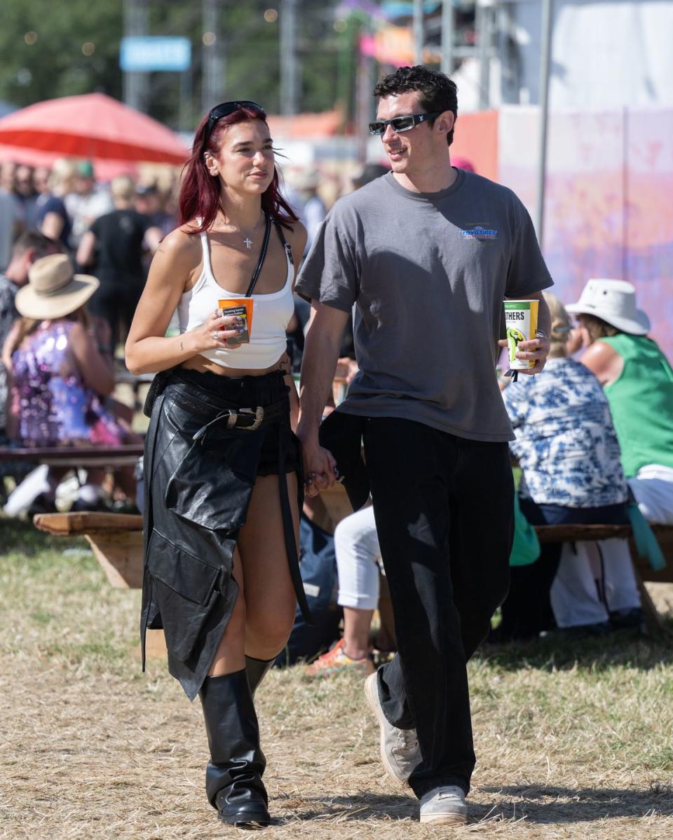 glastonbury, england june 29 dua lipa and callum turner during day four of glastonbury festival 2024 at worthy farm, pilton on june 29, 2024 in glastonbury, england founded by michael eavis in 1970, glastonbury festival features around 3,000 performances across over 80 stages renowned for its vibrant atmosphere and iconic pyramid stage, the festival offers a diverse lineup of music and arts, embodying a spirit of community, creativity, and environmental consciousness photo by samir husseinwireimage