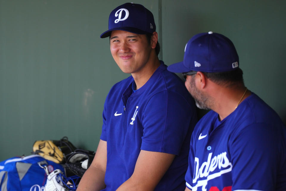SURPRISE, ARIZONA - FEBRUARY 28: Shohei Ohtani #17 of the Los Angeles Dodgers smiles during a game against the Texas Rangers at Surprise Stadium on February 28, 2024 in Surprise, Arizona. (Photo by Masterpress/Getty Images)
