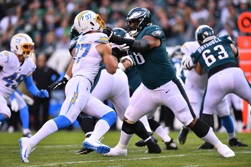 Philadelphia Eagles Offensive Tackle Jordan Mailata blocks Los Angeles Chargers Defensive End Joey Bosa in the first half during the game between the Los Angeles Chargers and Philadelphia Eagles.