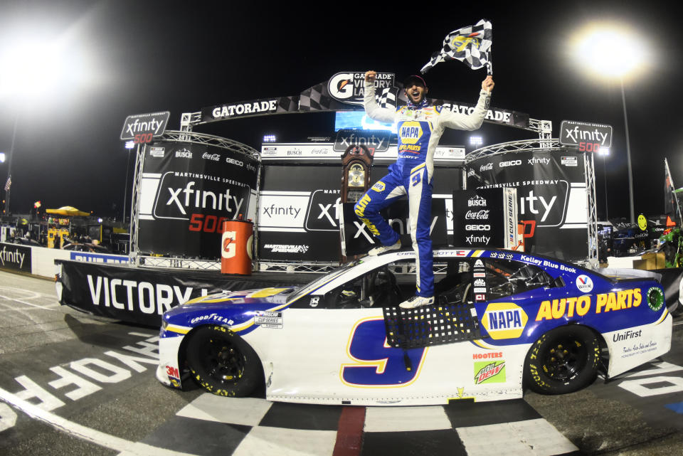 MARTINSVILLE, VIRGINIA - NOVEMBER 01: Chase Elliott, driver of the #9 NAPA Auto Parts Chevrolet, celebrates in victory lane after winning  the NASCAR Cup Series Xfinity 500 at Martinsville Speedway on November 01, 2020 in Martinsville, Virginia. (Photo by Jared C. Tilton/Getty Images)