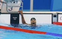 <p>Simone Manuel of United States celebrates his victory egality with Penny Oleksiak of Canada after the final women’s 100m freestyle at Olympic Aquatics Stadium on August 11, 2016 in Rio de Janeiro, Brazil. (Getty) </p>