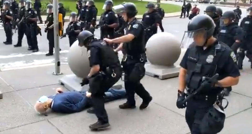 Martin Gugino was shoved by police officers in Buffalo, N.Y., on June 4.<span class="copyright">Mike Desmond—WBFO NPR/AFP/Getty Images</span>