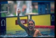 Janet Evans of the United States gives the thumbs up after claiming victory in the women’s 400 metres individual medley at the 1988 Seoul Olympics.