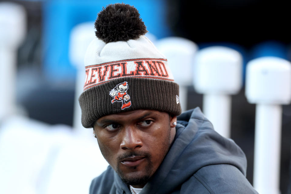 PHILADELPHIA, PENNSYLVANIA – AUGUST 17: Deshaun Watson #4 of the Cleveland Browns looks on before a preseason against the Philadelphia Eagles at Lincoln Financial Field on August 17, 2023 in Philadelphia, Pennsylvania. (Photo by Tim Nwachukwu/Getty Images)