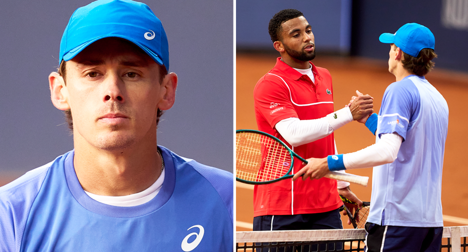 Just 24 hours after Alex de Minaur created history by beating Rafa Nafal at the Barcelona Open, he crashed out at the hands of French teenager Arthur Fils. Image: Getty