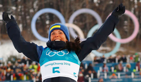 Cross-Country Skiing – Pyeongchang 2018 Winter Olympics – Women’s 7.5km + 7.5km Skiathlon – Alpensia Cross-Country Skiing Centre – Pyeongchang, South Korea – February 10, 2018 - Winner Charlotte Kalla of Sweden reacts during the prize ceremony. REUTERS/Kai Pfaffenbach