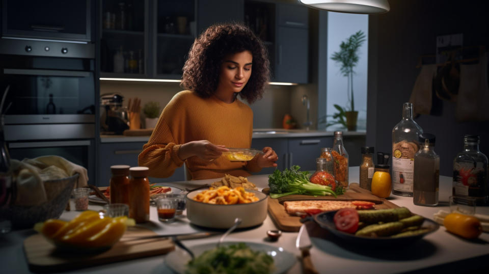 A woman preparing a meal using packaged foods with V8 juices and the other products of the company in the background.