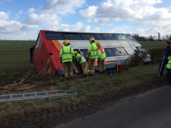 Double decker bus blown into ditch by high winds