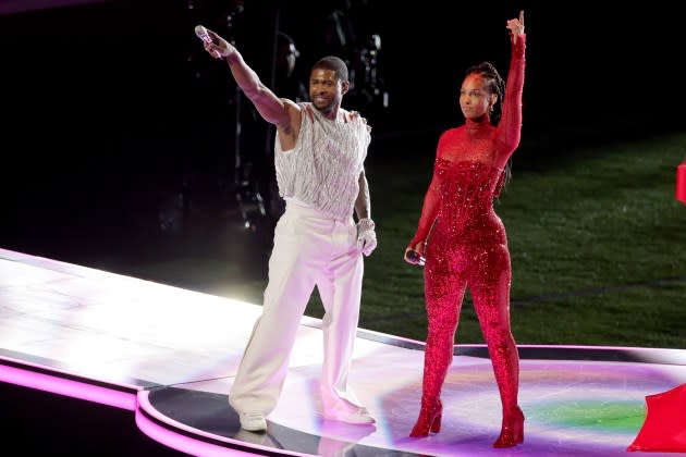 Usher and Alicia Keys perform onstage during the Apple Music Super Bowl LVIII Halftime Show at Allegiant Stadium on February 11, 2024 in Las Vegas, Nevada.  - Credit: Ethan Miller/Getty Images