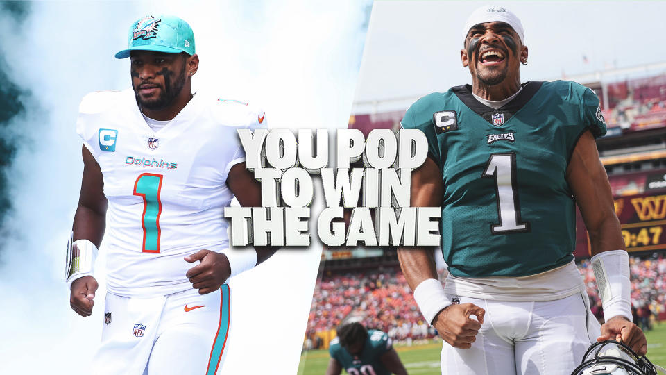 Miami Dolphins QB Tua Tagovailoa & Philadelphia Eagles QB Jalen Hurts have their respective teams undefeated after Week 3 of the 2022 NFL season. (Photos by Megan Briggs/Getty Images; Andy Lewis/Icon Sportswire via Getty Images)