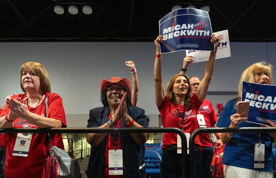 Spectators cheer as Micah Beckwith is named the Republican nominee for lieutenant governor Saturday, June 15, 2024, during the 2024 Indiana GOP State Convention in Indianapolis, Ind.