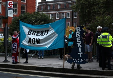 Pro-Brexit protesters demonstrate outside the Houses of Parliament, in London