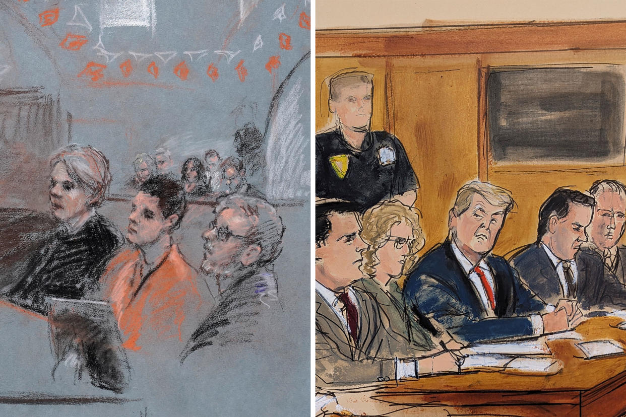 This artist sketch depicts Massachusetts Air National Guardsman Jack Teixeira, seated second from right, appears in U.S. District Court, in Boston, April 19; This artist sketch depicts former President Donald Trump, seated center, watching as Assistant District Attorney Christopher Conroy, left, outlines the case against him during Trump's arraignment in court, on New York, on April 4.