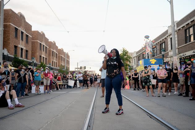 Cori Bush leads a demonstration against police brutality on June 12 in University City, Missouri. She is the first leader of the Black Lives Matter movement who is likely to win a seat in Congress.