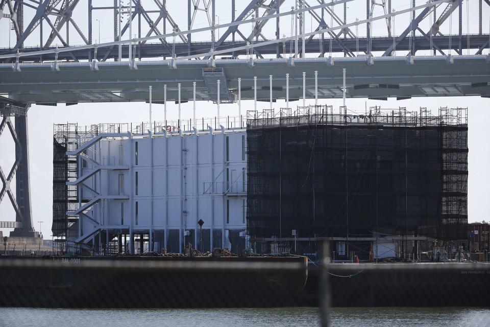 Mysterious structure built on floating barge is seen in San Francisco Bay