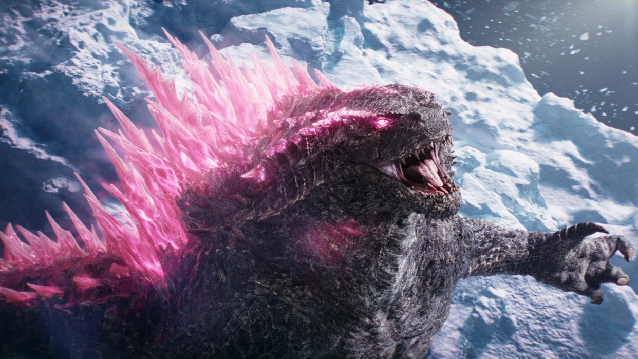  Godzilla rearing up, with his scales glowing pink as seen in Godzilla x Kong: The New Empire. 